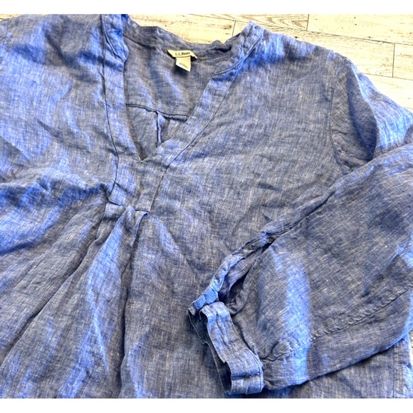 LL Bean Top WOMENS PLUS SIZE 1X 3/4 Sleeve Split Neck Linen Tunic Blue Chambray - Picture 1 of 9